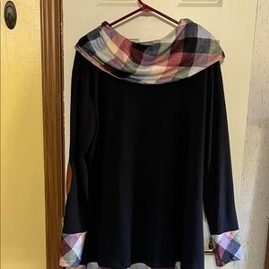 Plaid Cowl Neck Black Top
